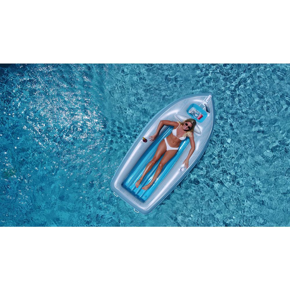 105-Inch Inflatable Gray and Blue Classic Boat Cruiser with Cooler Pool Float. Picture 4