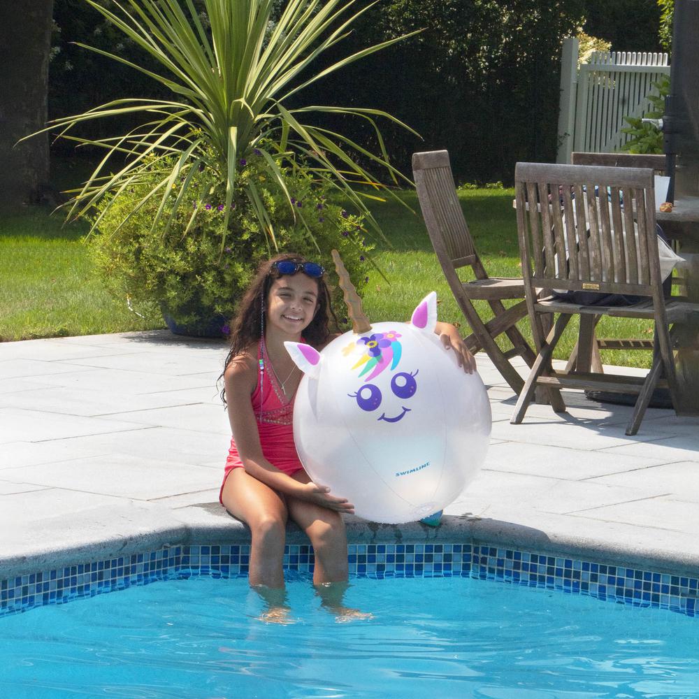 29" Inflatable Rainbow Unicorn Beach Ball with Horn. Picture 2