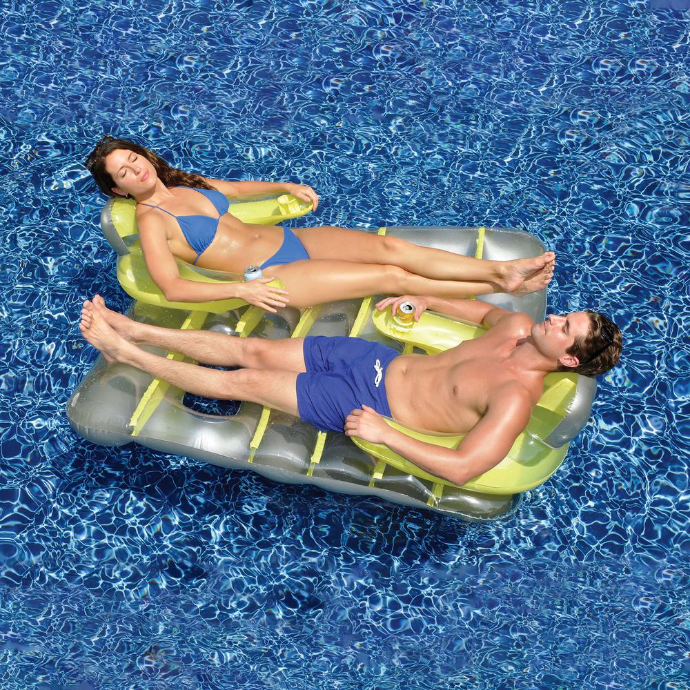66" Yellow and Silver Inflatable Face-To-Face Mattress Pool Raft. Picture 2