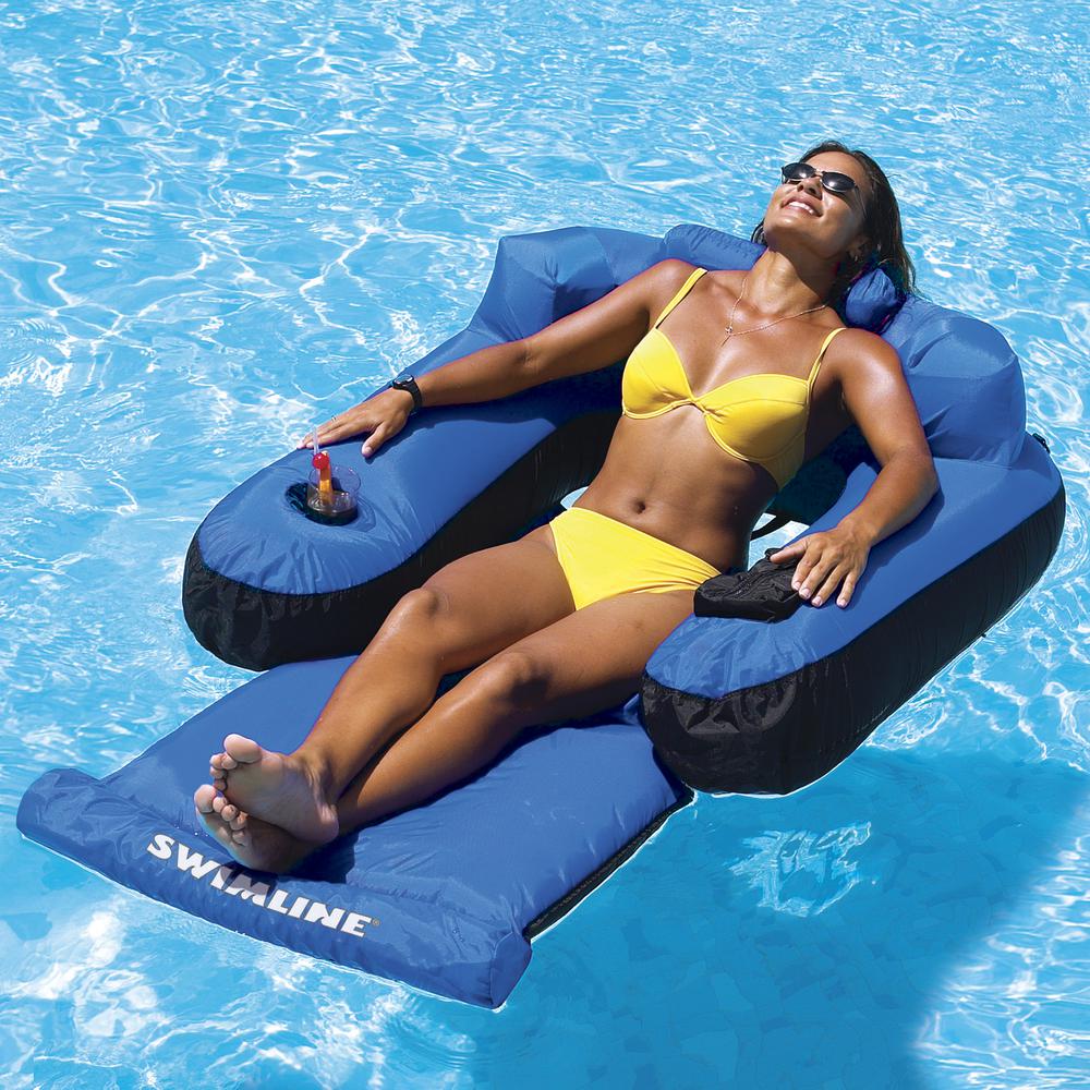 55" Inflatable Blue and Black Ultimate Floating Swimming Pool Chair Lounger. Picture 2
