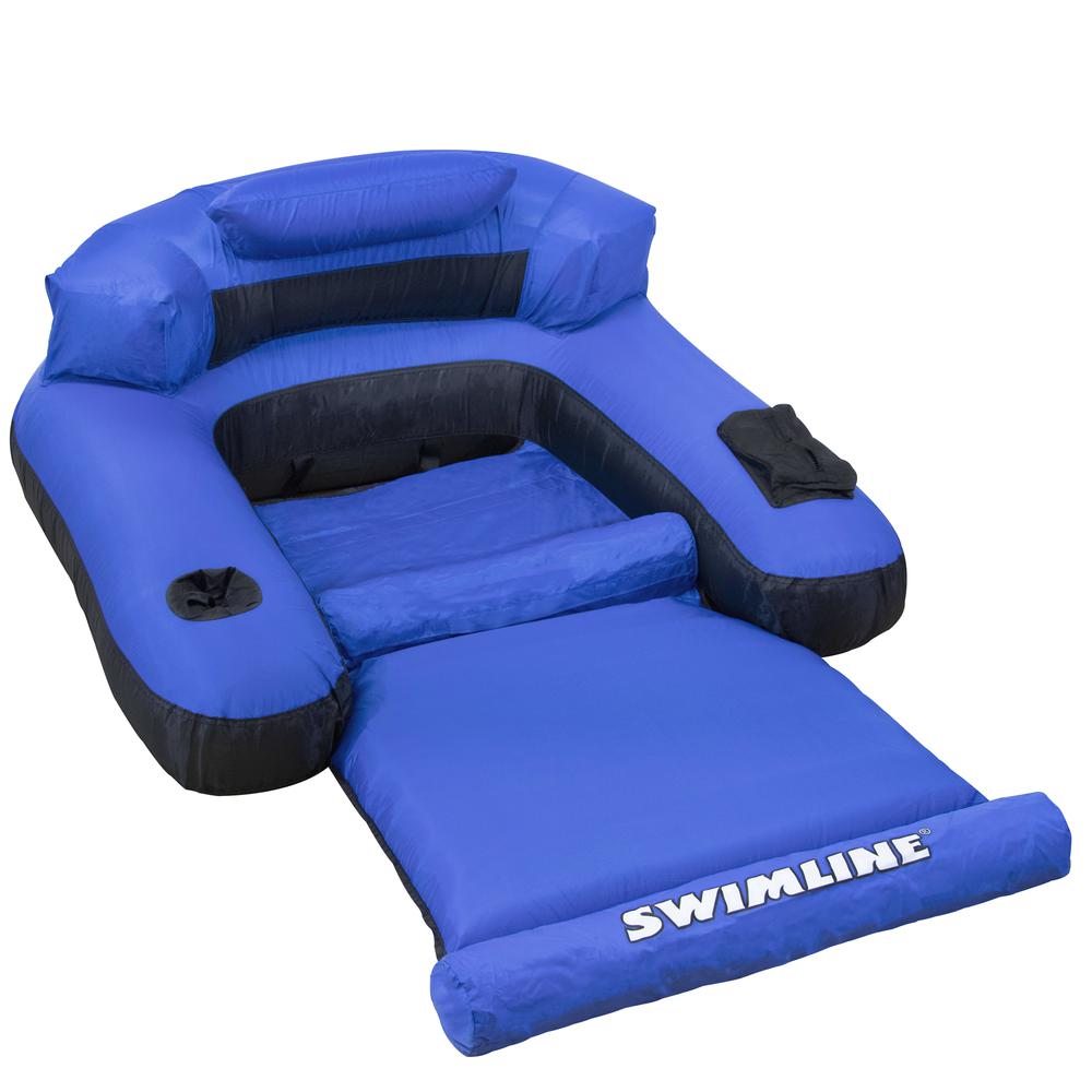 55" Inflatable Blue and Black Ultimate Floating Swimming Pool Chair Lounger. Picture 1