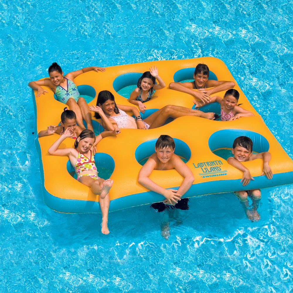 80" Yellow and Blue Inflatable Circular Pattern Island Square Pool Float Toy. Picture 2