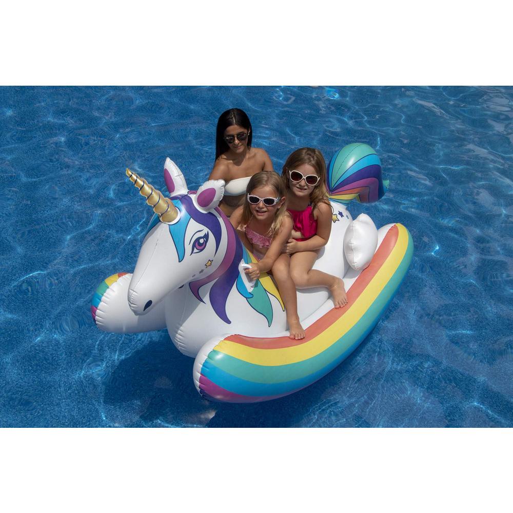86" Inflatable Rainbow Unicorn Rocker Swimming Pool Float. Picture 3