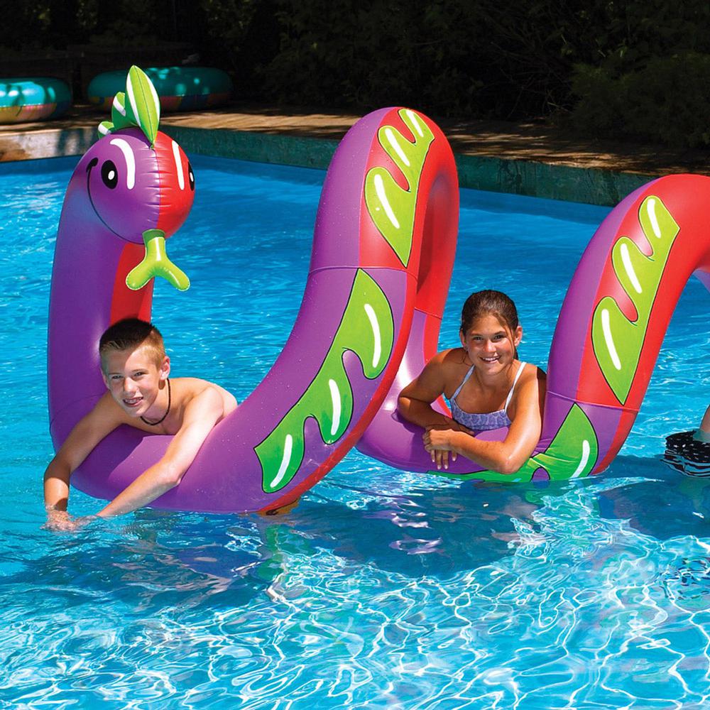 Inflatable Purple and Green Two Headed Curly Serpent Swimming Pool Float Toy. Picture 2