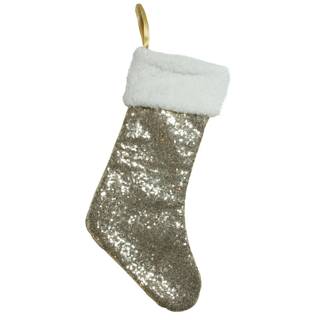 18" Gold Paillette Sequins Christmas Stocking with Sherpa Cuff. Picture 1