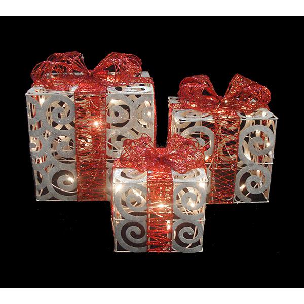 Set of 3 Lighted White Swirl Glitter Gift Boxes Christmas Outdoor Decorations 10". Picture 2