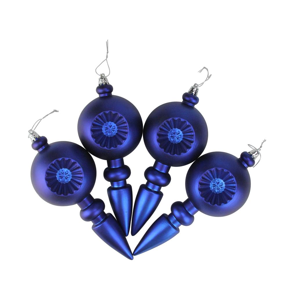 4ct Matte Royal Blue Retro Reflector Shatterproof Christmas Finial Ornaments 7.5". Picture 2
