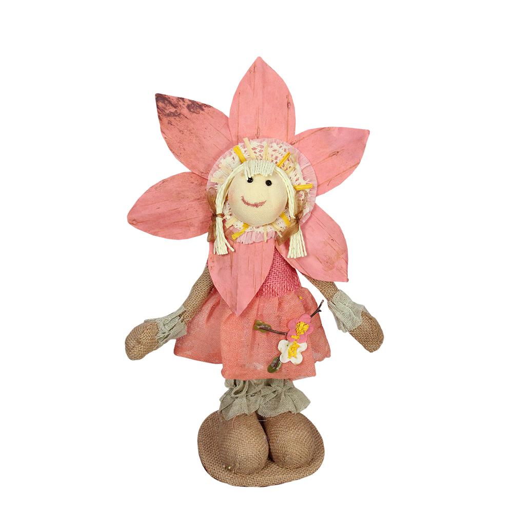 14.5" Peach and Tan Spring Floral Standing Sunflower Girl Decorative Figure. Picture 1
