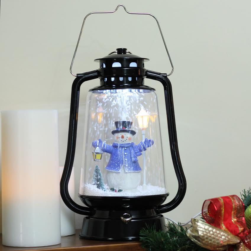 13.5" Black Lighted Musical Snowman Snowing Christmas Table Top Lantern. Picture 3