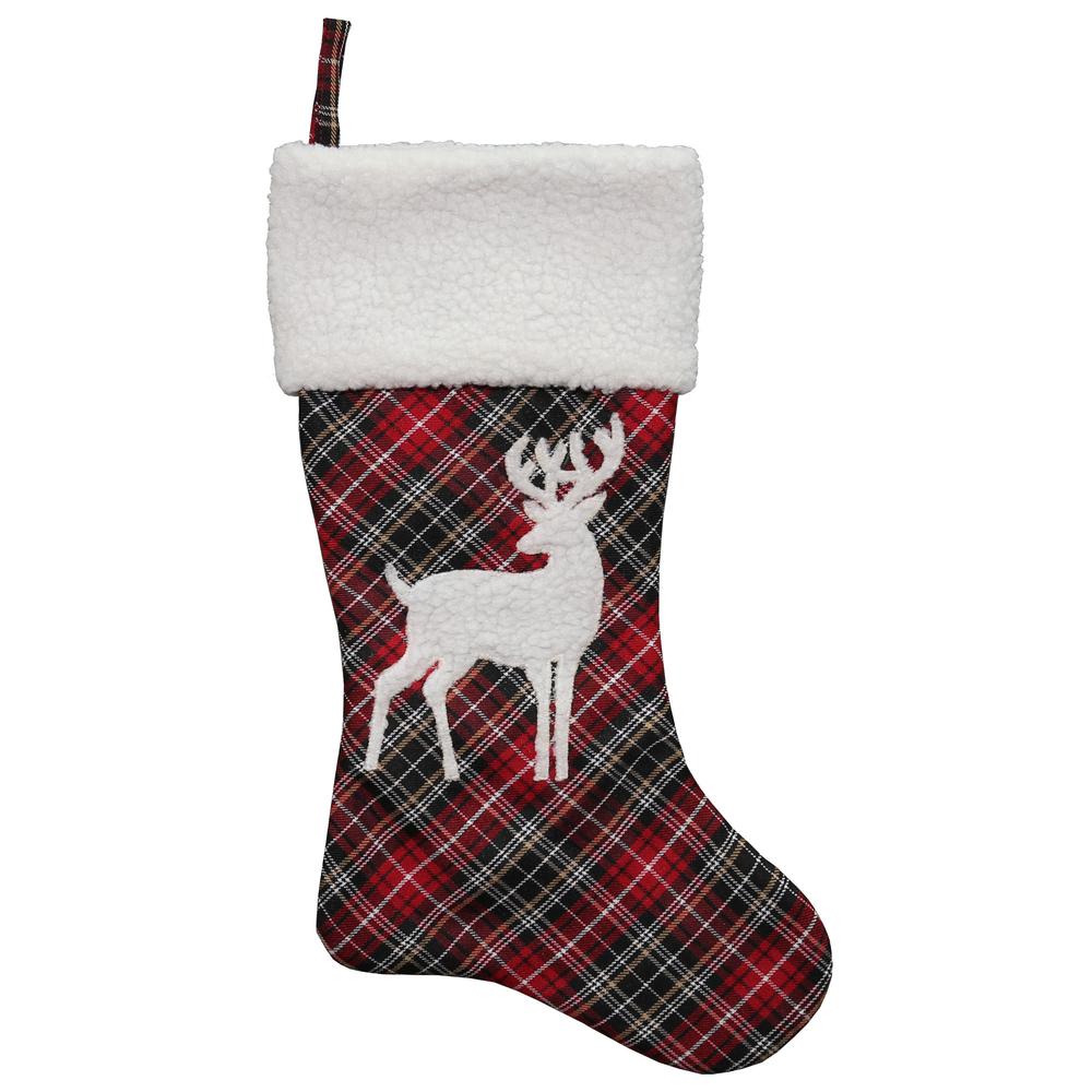 20" Black and Red Tartan Reindeer Christmas Stocking with Cuff. The main picture.