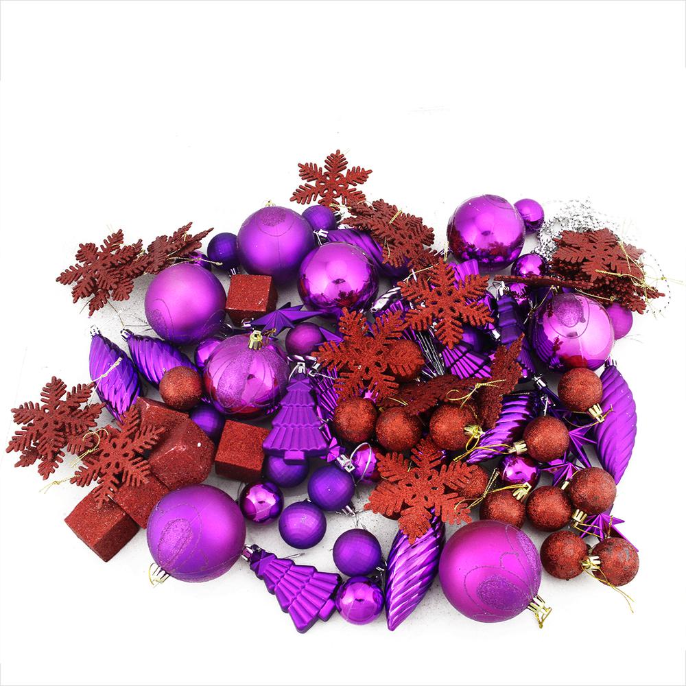 125ct Purple and Red Shatterproof 3-Finish Christmas Ornaments 5.5" (139.7mm). Picture 1