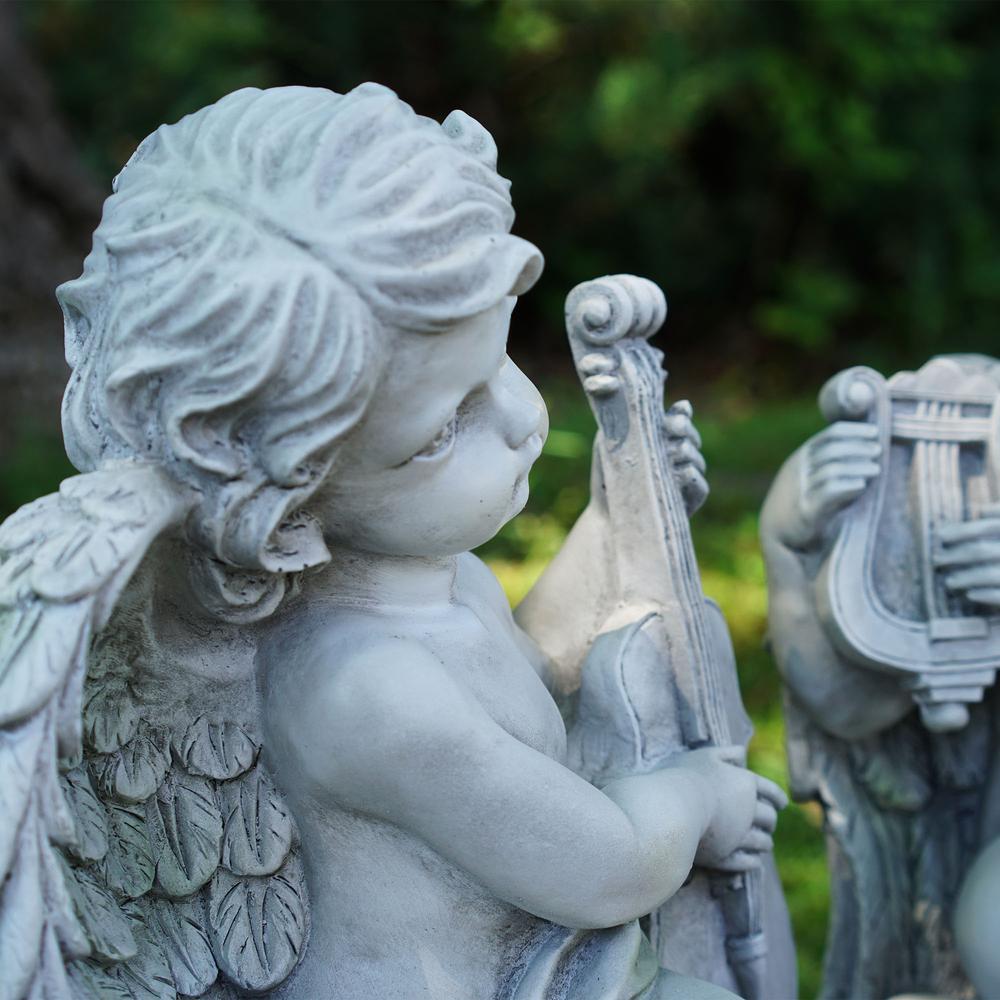 14.75" Ivory Set of 2 Cherub Angels with Violin and Harp Sitting on Finials Outdoor Garden Statues. Picture 3