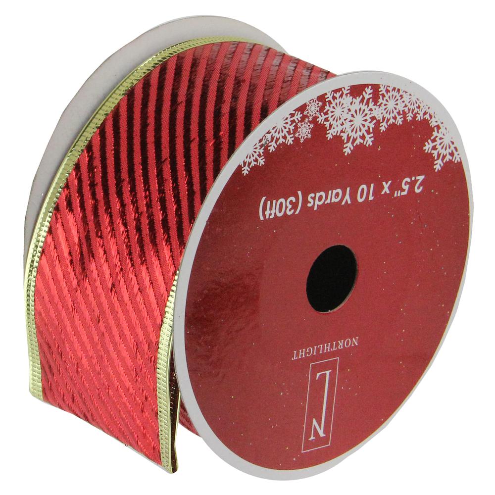 Club Pack of 12 Shiny Red and Gold Striped Christmas Craft Ribbon Spools 2.5" x 120 Yards. Picture 1