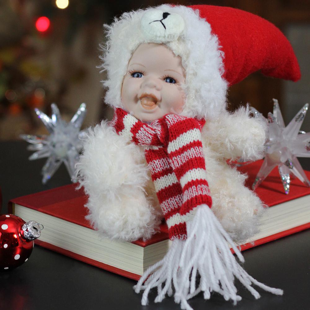 5.75" White and Red Baby in Polar Bear Costume with Santa Hat Collectible Christmas Doll. Picture 2