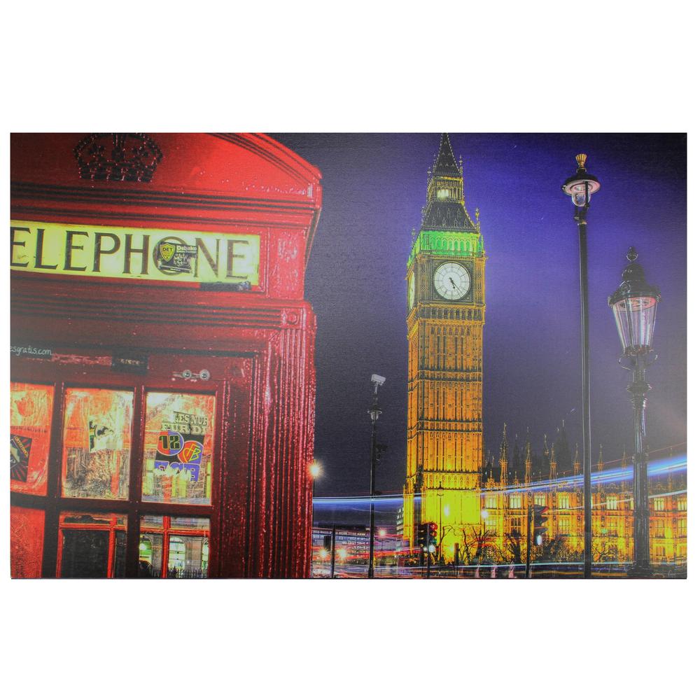 LED Lighted Famous Big Ben and Red Telephone Box London Canvas Wall Art 15.75" x 23.5". Picture 1