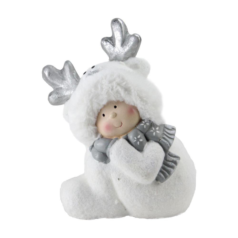 12.5" White and Gray Smiling Child with Reindeer Snow Suit Christmas Tabletop Decor. Picture 1