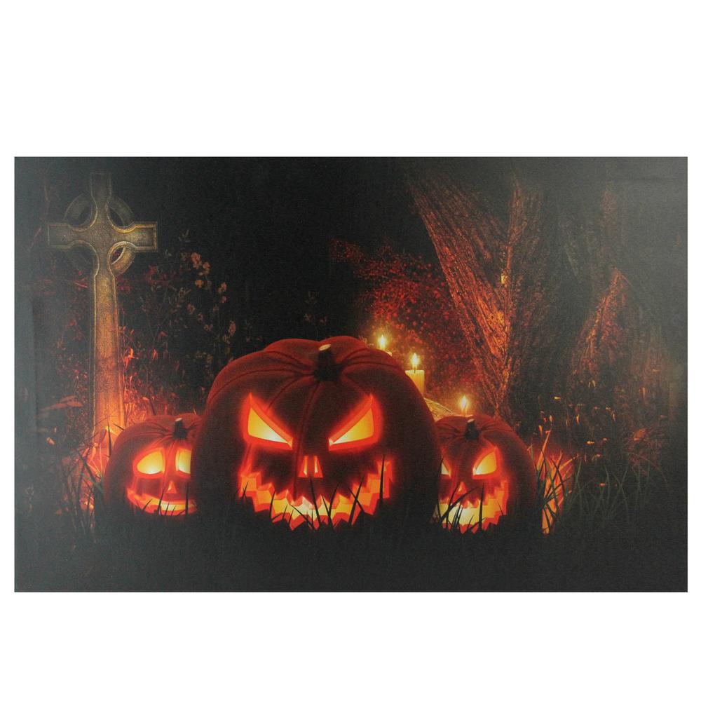 LED Lighted Jack-O-Lanterns in a Cemetery Halloween Canvas Wall Art 23.5" x 15.5". The main picture.