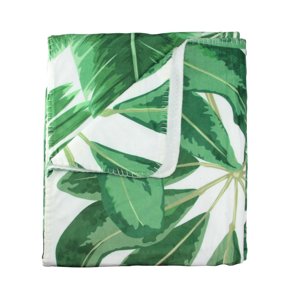 White and Green Tropical Leaves Plush Fleece Throw Blanket 50" x 60". Picture 1