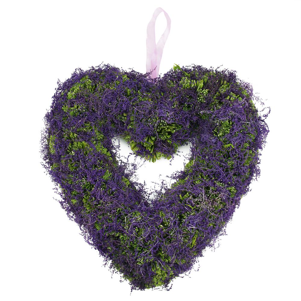 Reindeer Moss Twig Heart-Shaped Spring Floral Wreath  Purple and Green 14.5-Inch. The main picture.