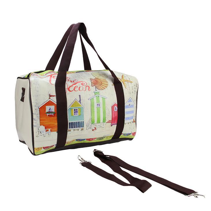 16" Vintage-Style Beach House Theme Travel Bag with Handles and Crossbody Strap. Picture 1