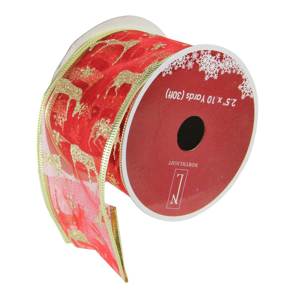Club Pack of 12 Red and Gold Reindeer Wired Christmas Craft Ribbon 2.5" x 120 Yards. Picture 1