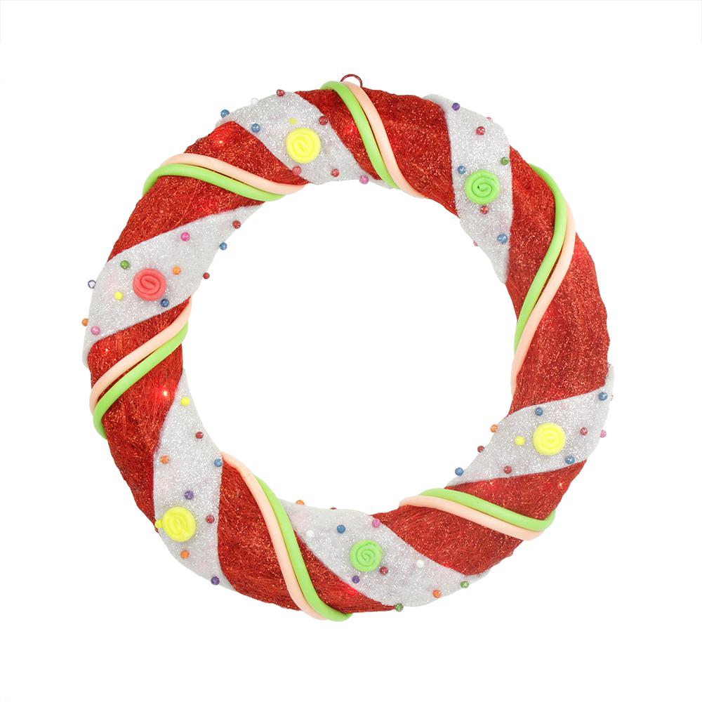 Pre-Lit Candy Cane Stripe Sisal Artificial Christmas Wreath - 18-Inch  Clear Lights. Picture 1