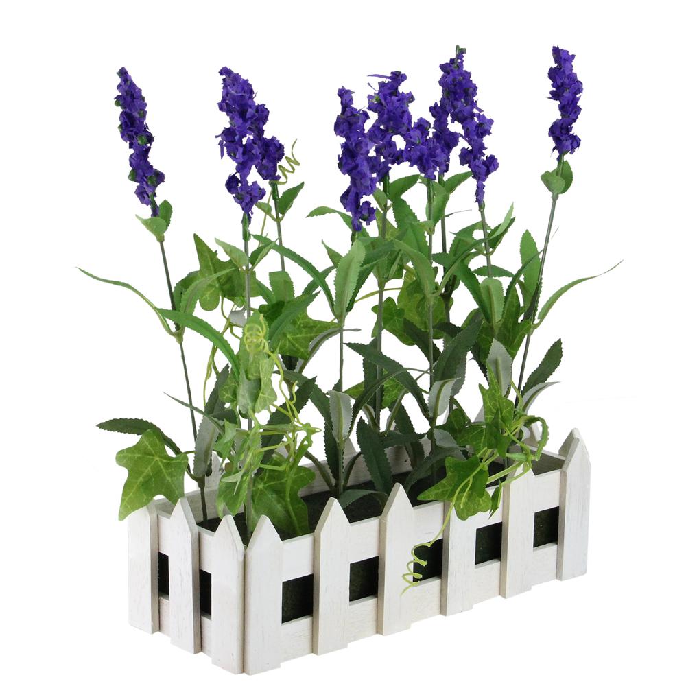 11.75" Artificial Flowering Lavender Plant in White Picket Fence Container. Picture 2