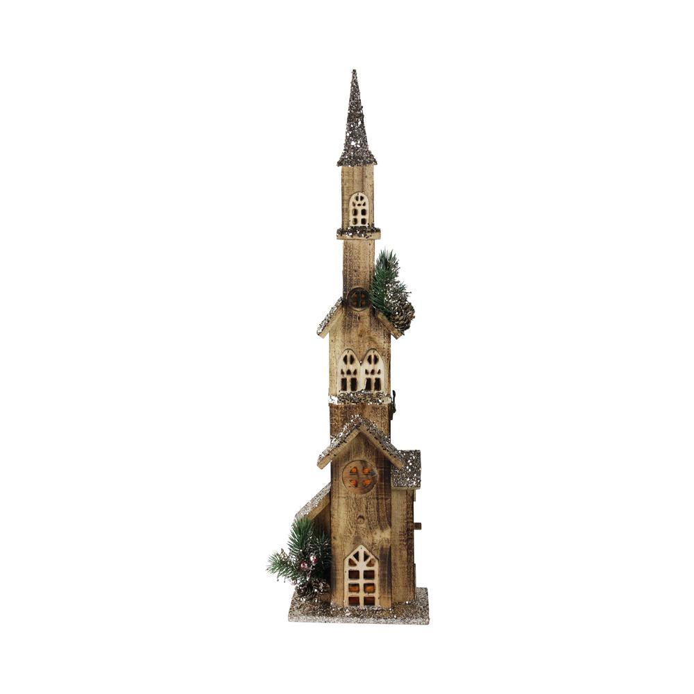 27.5" Brown and Ivory Led Lighted Church Christmas Decoration. Picture 1