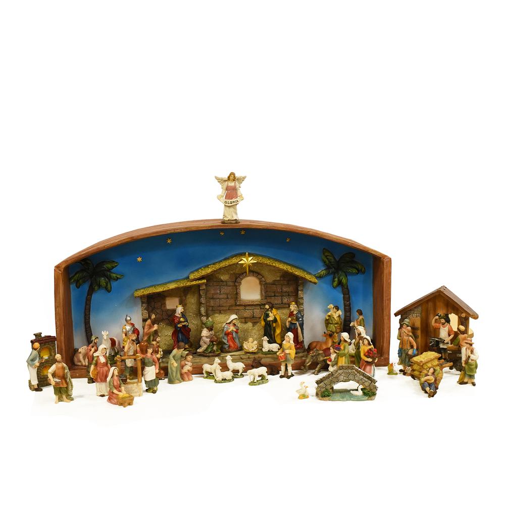 52-Piece Brown Religious Christmas Nativity Village Set with Holy Family 31.5". Picture 1