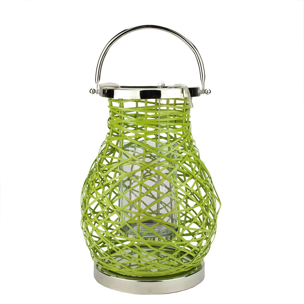 13.5" Modern Green Decorative Woven Iron Pillar Candle Lantern with Glass Hurricane. Picture 1
