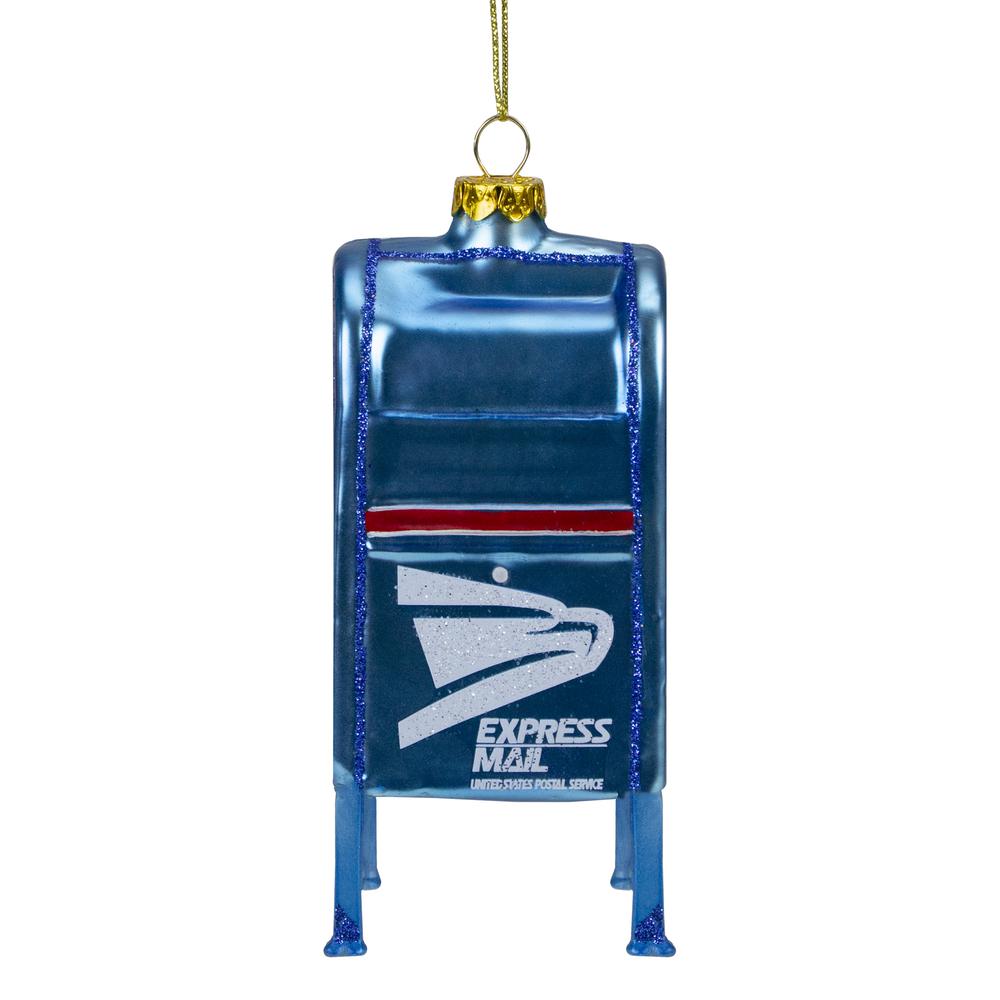 4.5" Shiny Blue Glittered Express Mail USPS Mailbox Glass Christmas Ornament. Picture 3