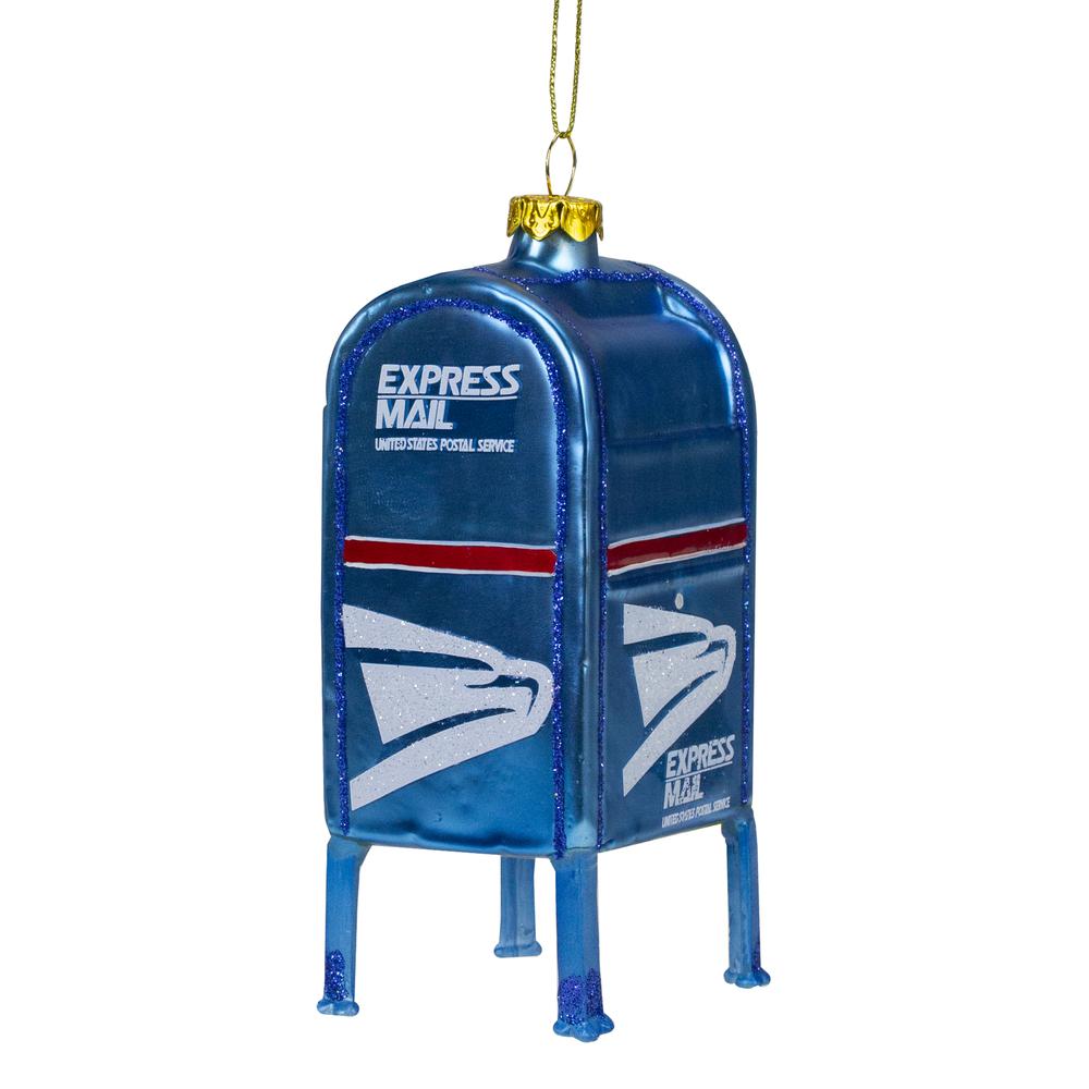 4.5" Shiny Blue Glittered Express Mail USPS Mailbox Glass Christmas Ornament. Picture 1