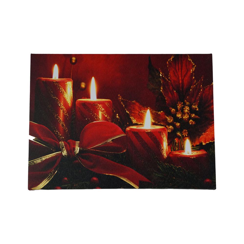 Red LED Lighted Glitter Striped Candles with Poinsettia and Bow Christmas Wall Art 12" x 15.75". Picture 1