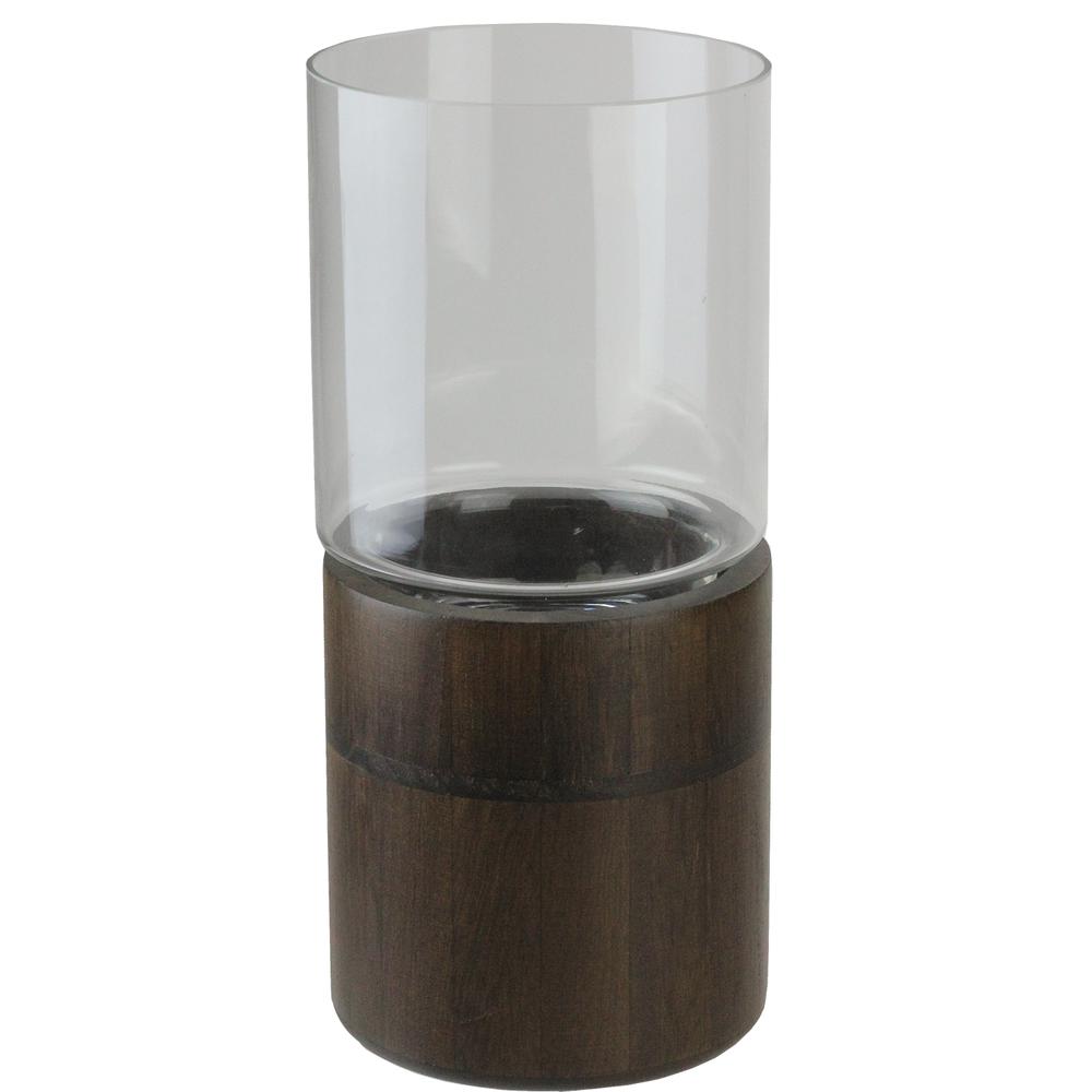 12" Clear Glass Hurricane Pillar Candle Holder with Wooden Base. Picture 1