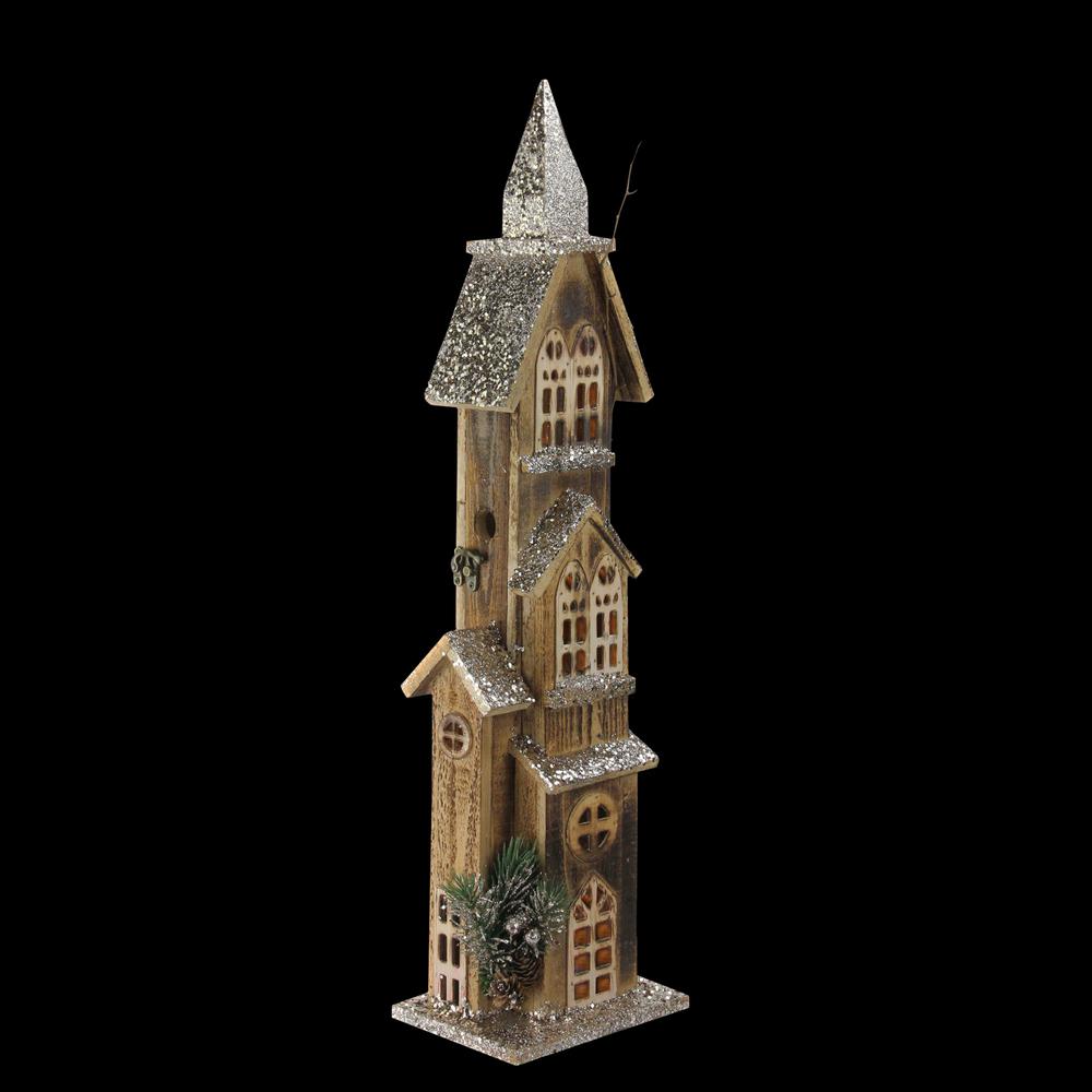 24.5" LED Lighted 3-Tier Brown Wooden Church Christmas Decoration. Picture 3