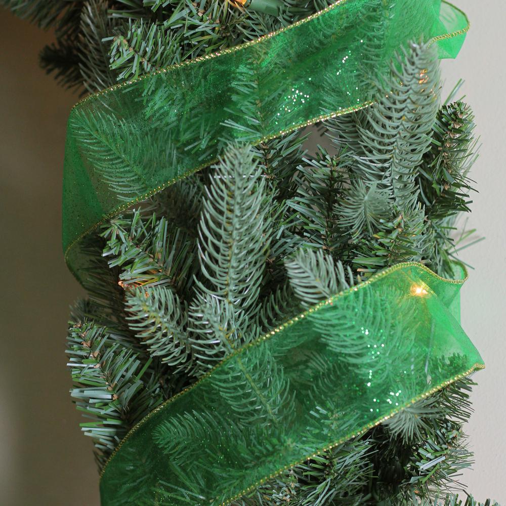 Club Pack of 12 Green and Gold Shimmering Wired Christmas Craft Ribbon 2.5" x 120 Yards. Picture 2