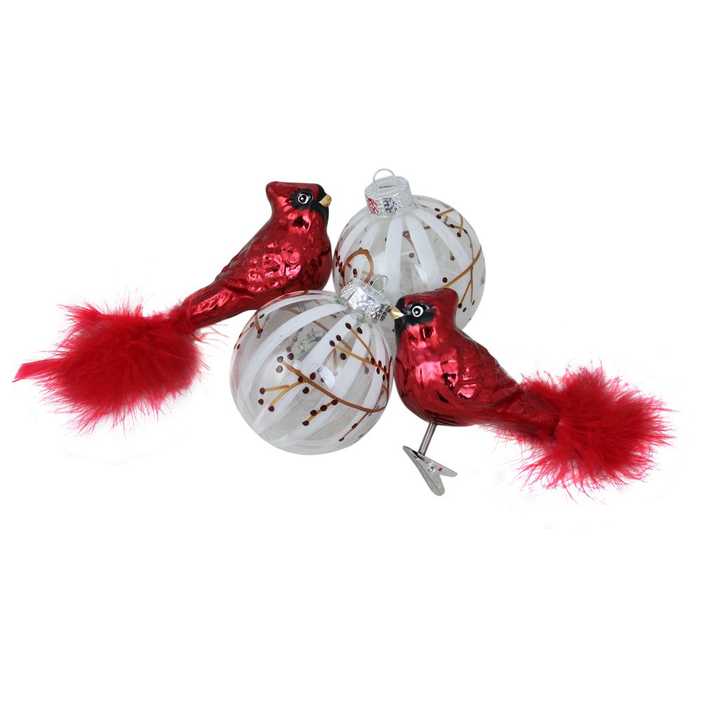 4ct Red and White Cardinal Birds Glass Finish Christmas Ball Ornaments 6.25" (155mm). Picture 1
