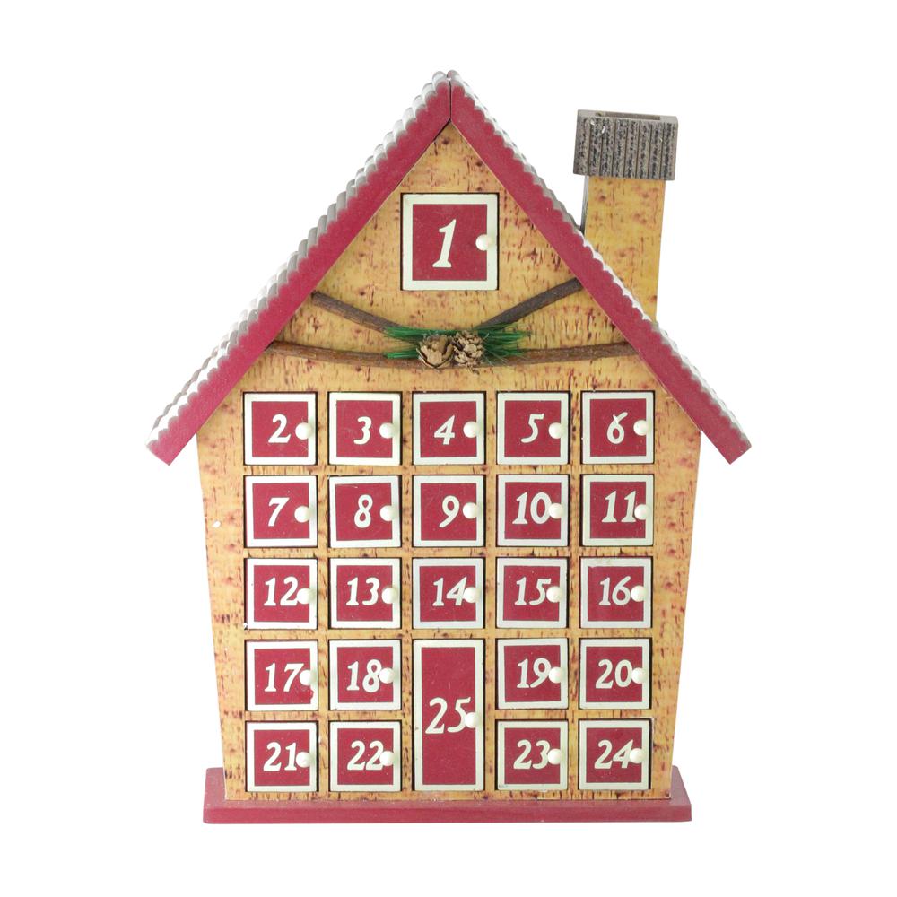 15" Red and Beige House with Advent Calendar Tabletop Christmas Decoration. Picture 1