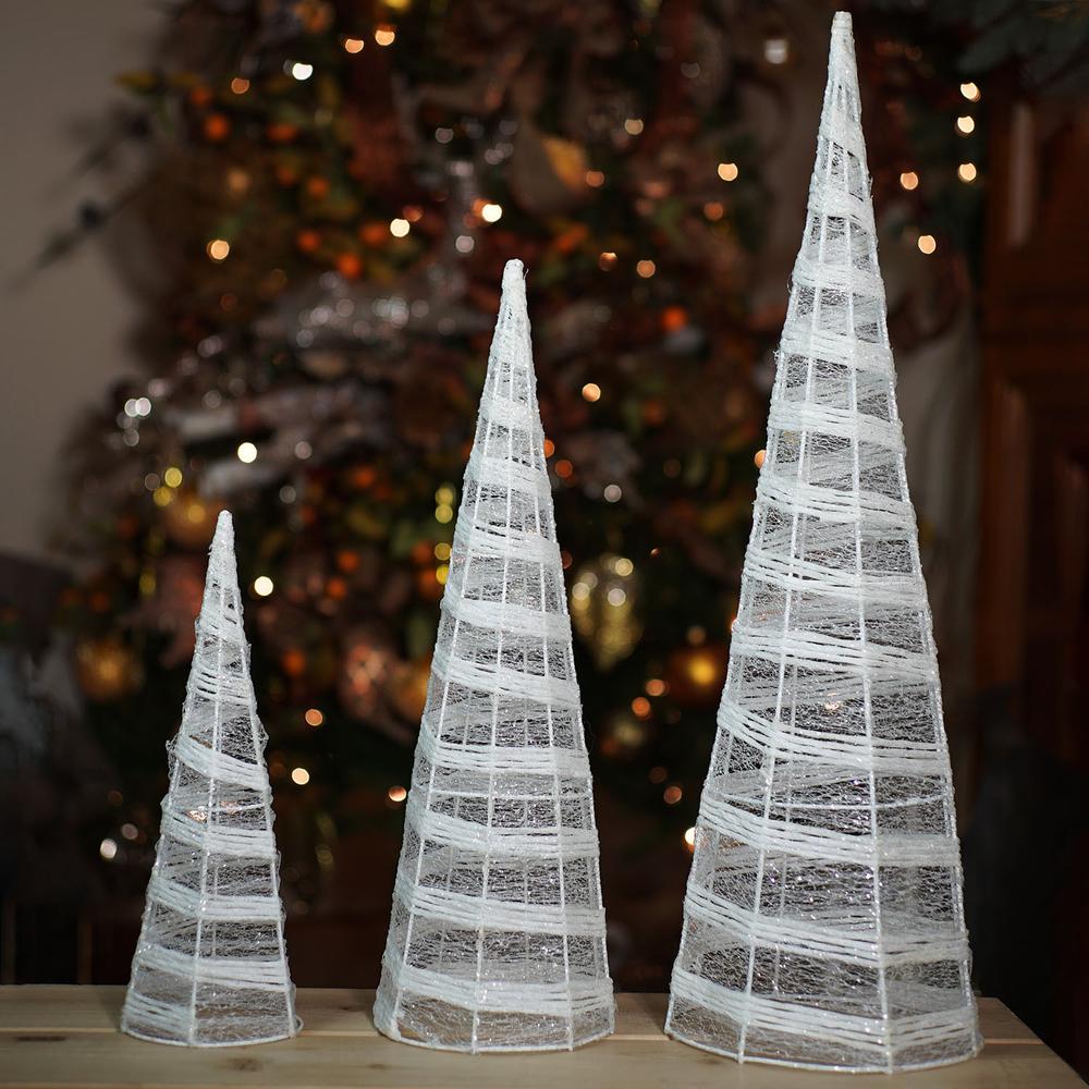 Set of 3 White and Silver Glittered Cone Tree Christmas Table Top Decoration 23.5". Picture 2