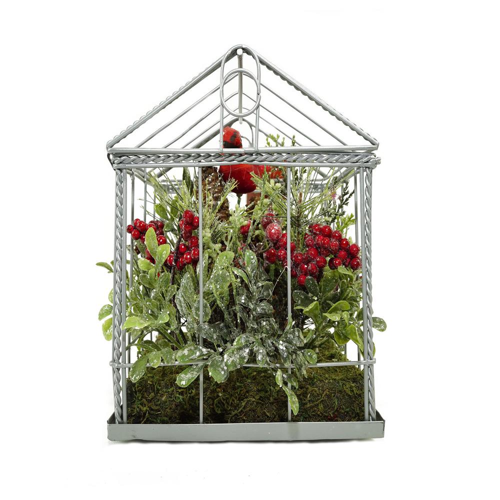 9" Red and Green Cardinal Boxwood Artificial Christmas Greenhouse Arrangement. Picture 2