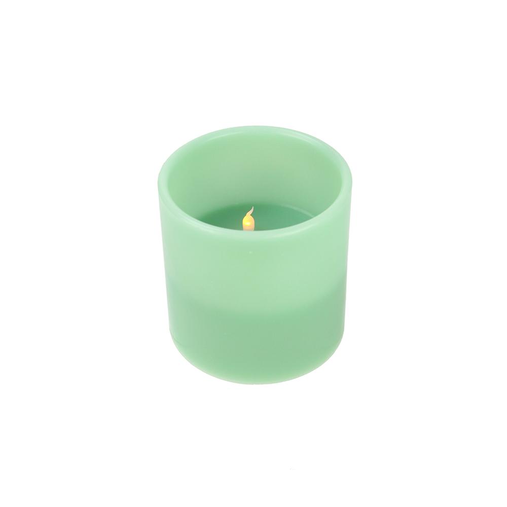 6 Sage Green Battery Operated Flameless LED Lighted 3-Wick Flickering Wax Pillar Candle. Picture 1