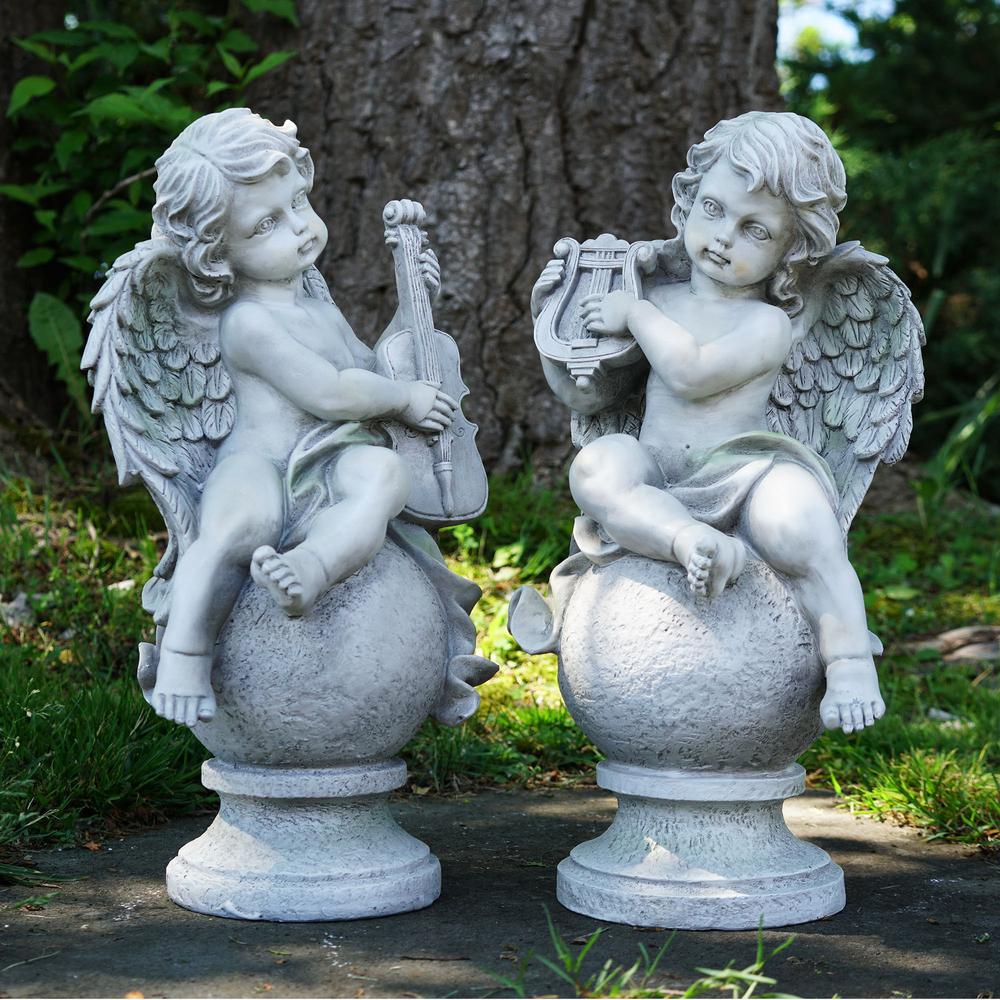 14.75" Ivory Set of 2 Cherub Angels with Violin and Harp Sitting on Finials Outdoor Garden Statues. Picture 2