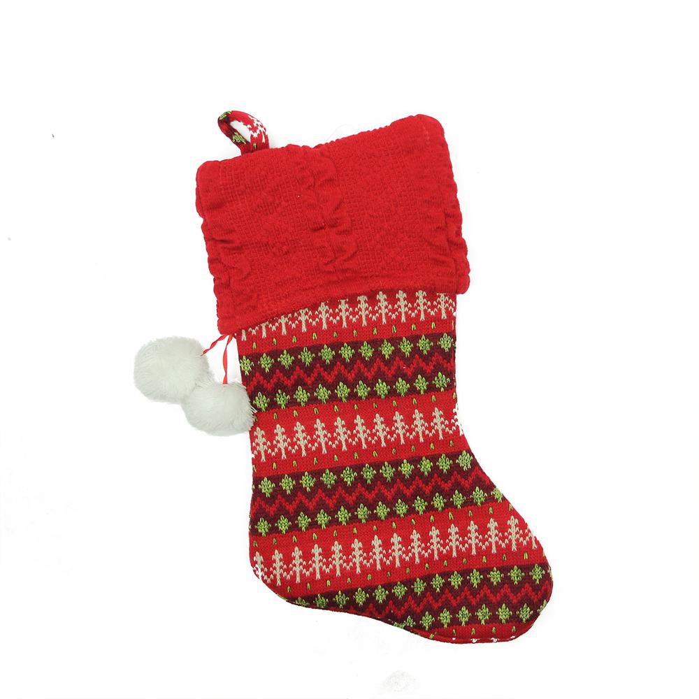 19" Red and Green Sweater Knit Christmas Stocking with Pom Poms. Picture 1