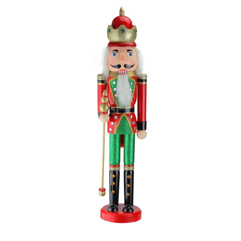 24" Red and Green Wooden Christmas Nutcracker King with Scepter. Picture 1