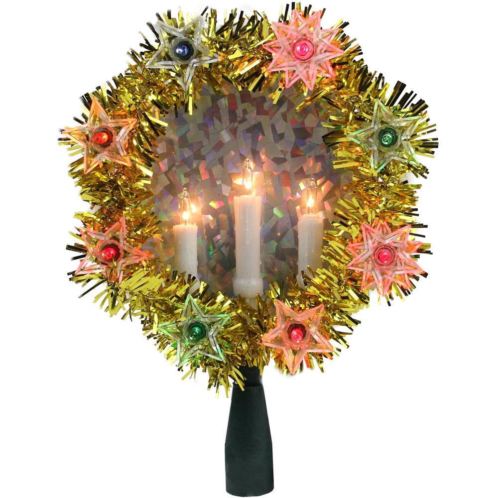 7" Lighted Gold Tinsel Wreath with Candles Christmas Tree Topper - Multi Lights. Picture 1