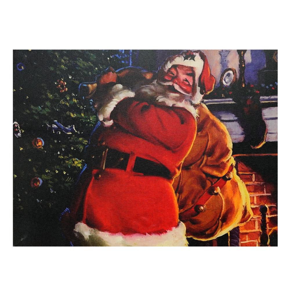LED Lighted Jolly Santa Claus with Bag of Gifts Christmas Canvas Wall Art 11.75" x 15.75". Picture 1