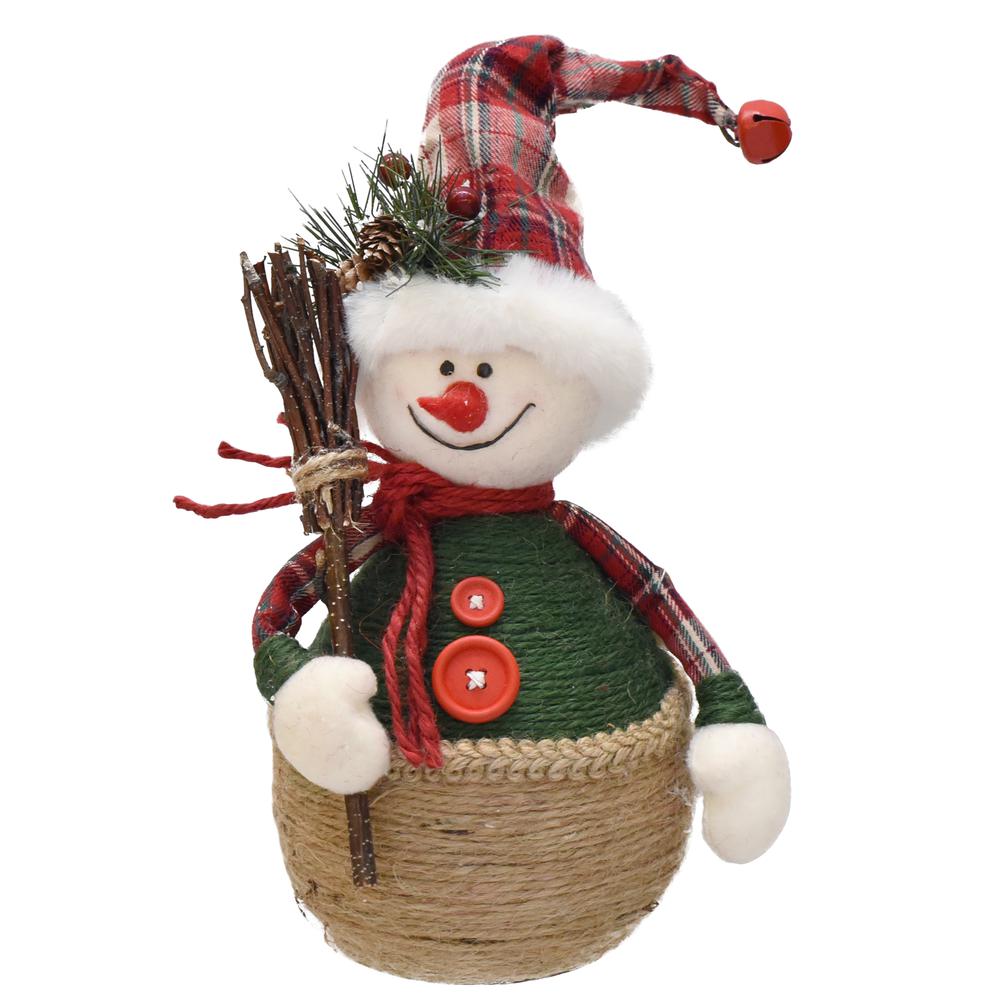 14.5" Green and Red Plaid Snowman with Broom Tabletop Christmas Figurine. Picture 1