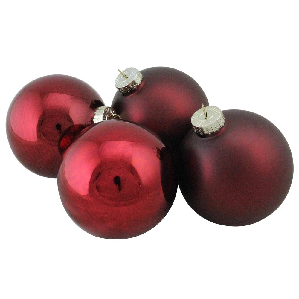 4ct Burgundy Red 2-Finish Glass Christmas Ball Ornaments 4" (100mm). Picture 1
