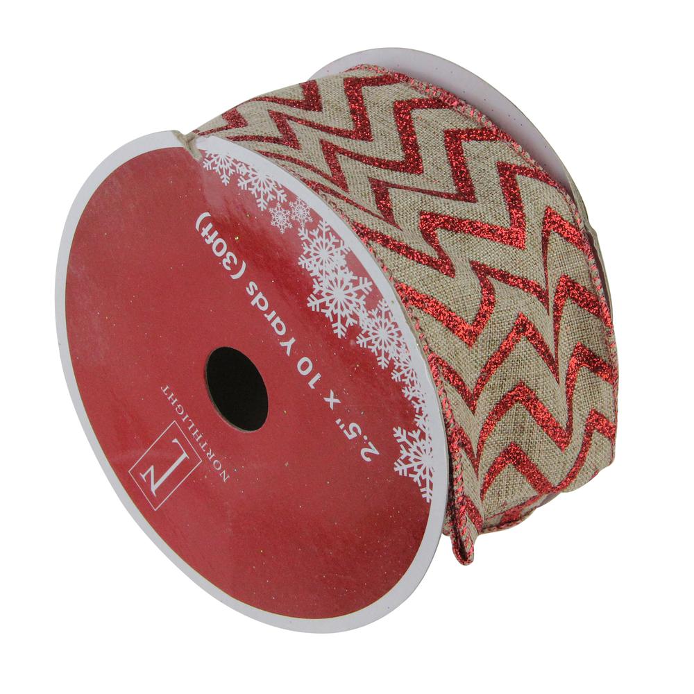 Club Pack of 12 Red and Brown Chevron Wired Christmas Craft Ribbon 2.5" x 120 Yards. Picture 1