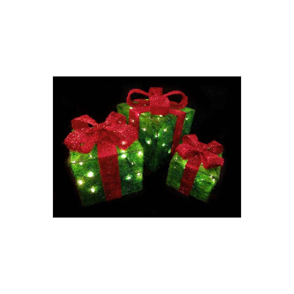 Set of 3 Lighted Sparkling Green Sisal Gift Boxes Christmas Outdoor Decorations. Picture 2